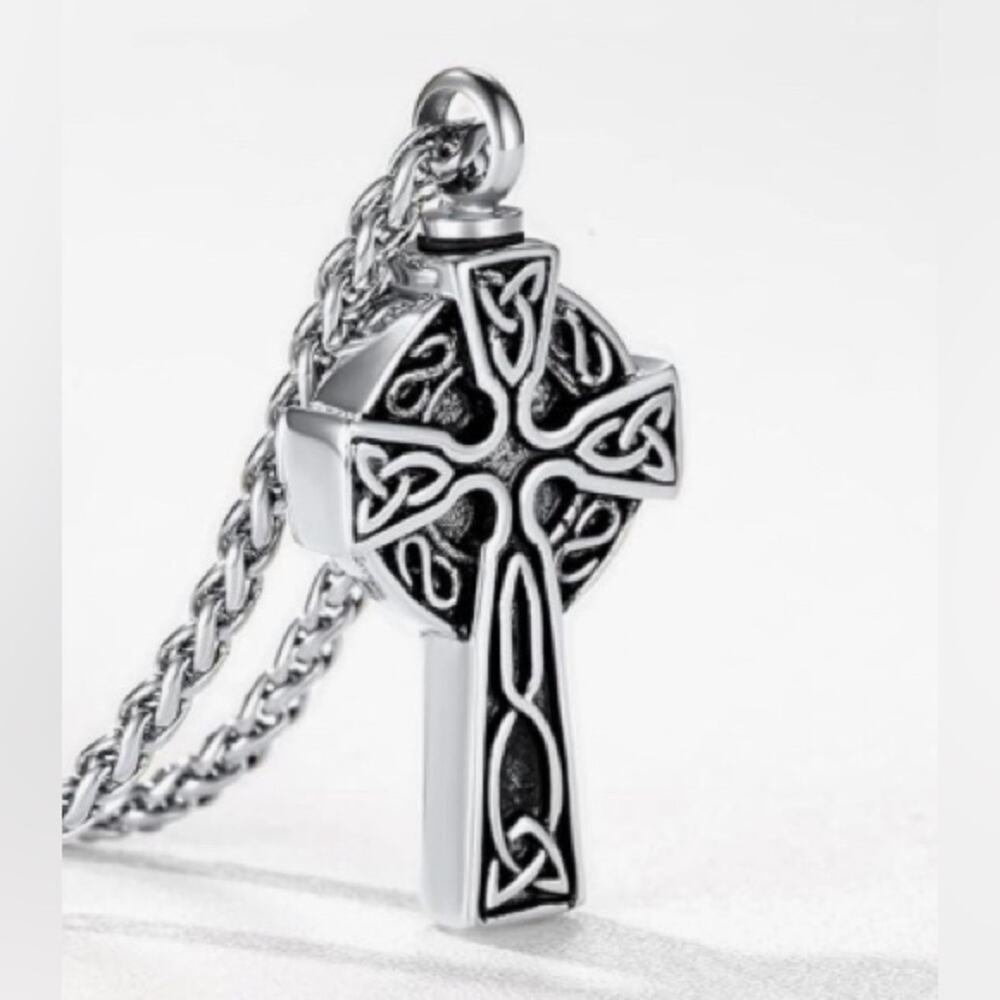 Stainless Steel Celtic Cross Urn Necklace Spiga Chain  NIB